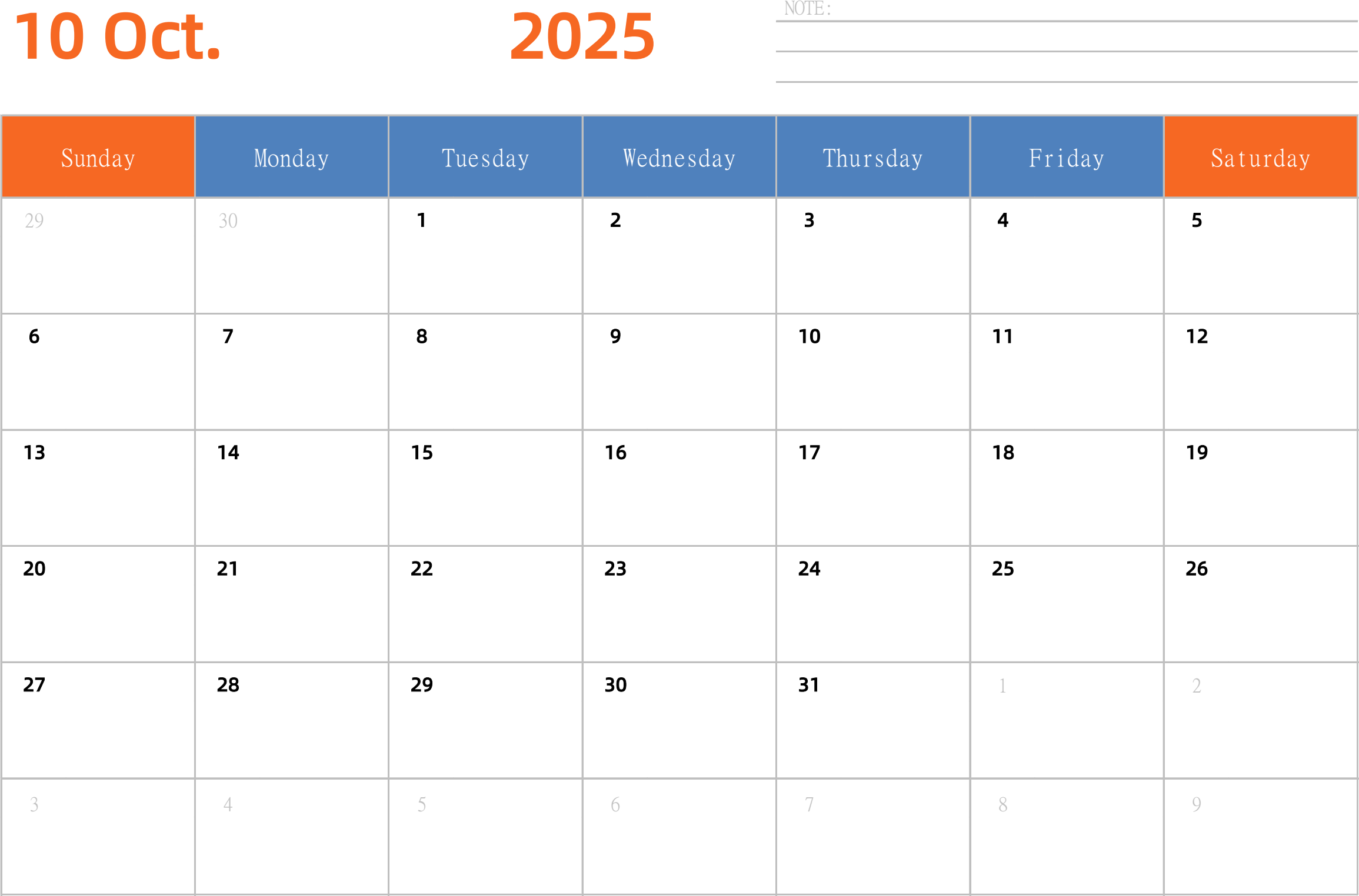 日历表2025年日历 英文版 横向排版 周日开始